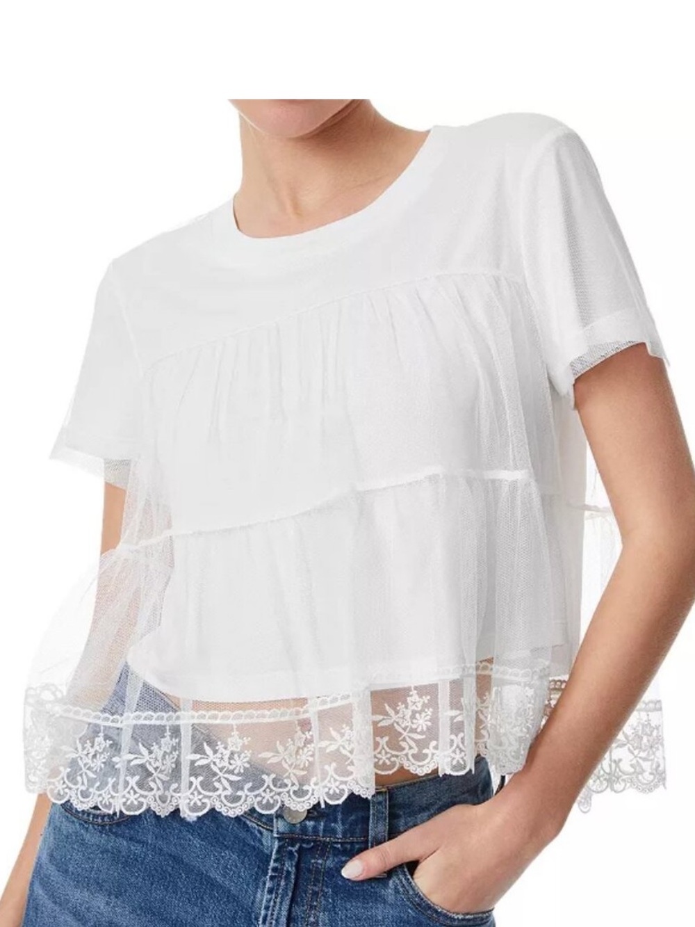 Alice + Olivia Cream Lace Tiered Short Sleeve Top